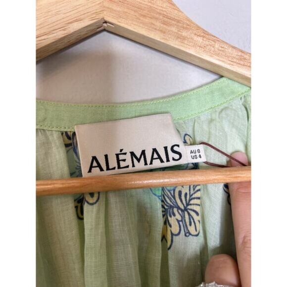 NWT Alemais Velma Lined V-Neckline A-Line Balloon Sleeve Mini Dress Green Size:4 - Picture 4 of 8